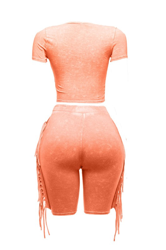 Orange Fringe Biker short Set