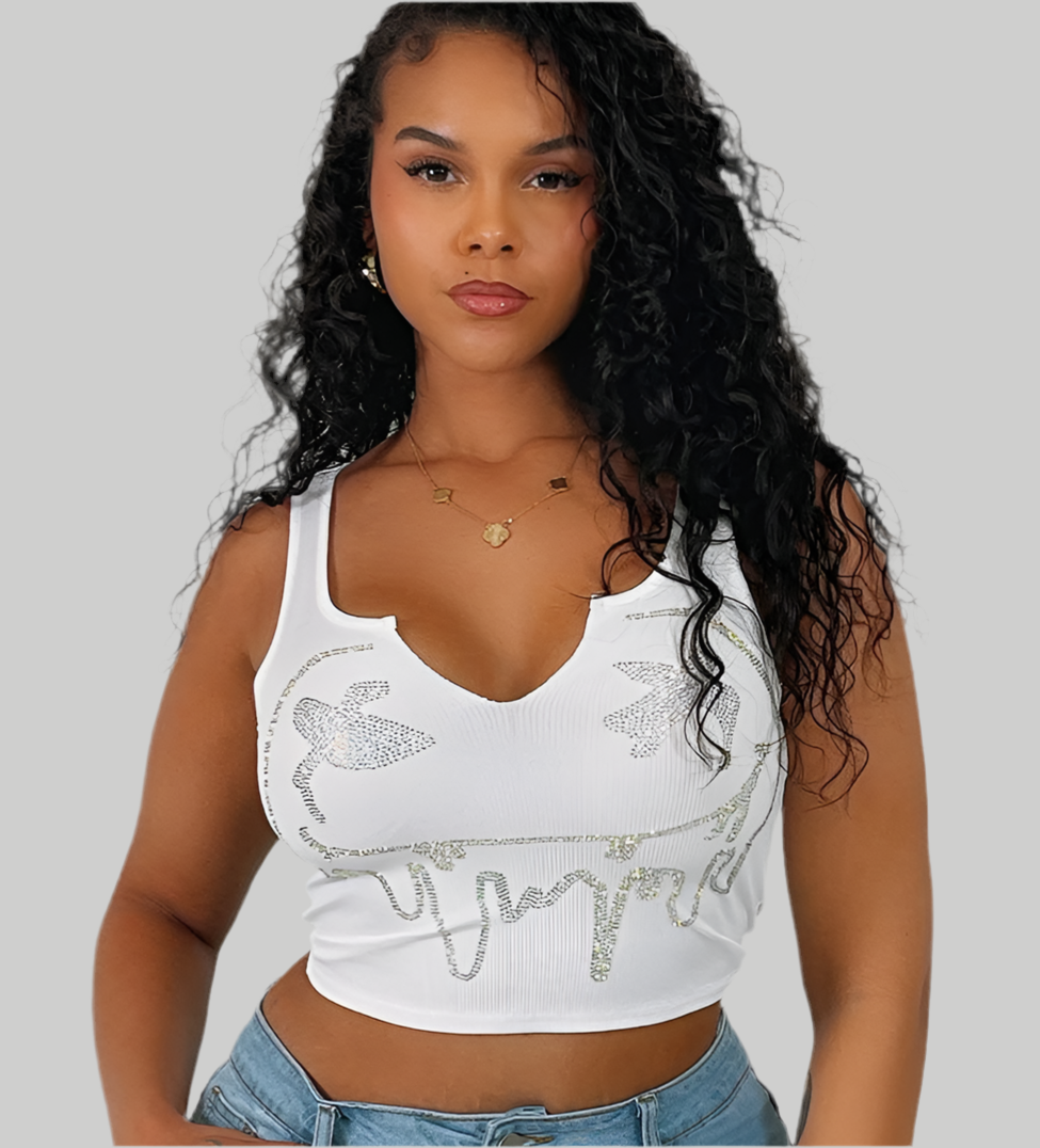 Drippy Smile Rhinestone Tank Top - White
