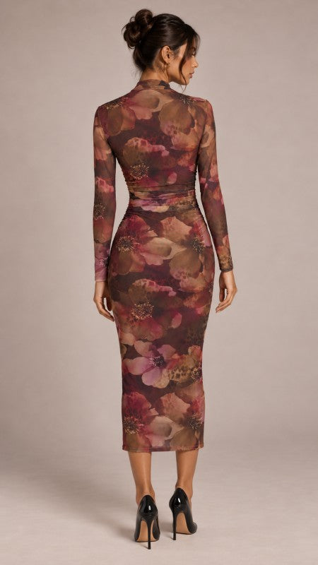 Printed Mesh Midi Dress