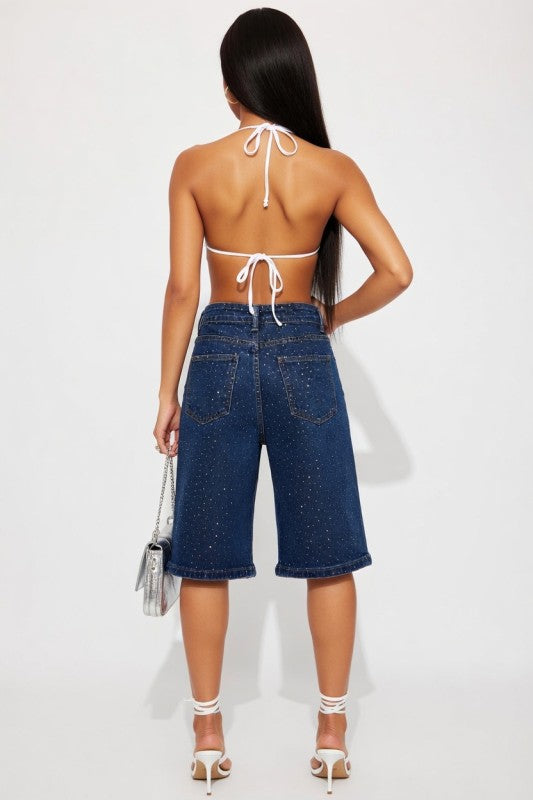 Rhinestone Denim Jorts | Embellished Denim Shorts | Pretty Prissy Pieces