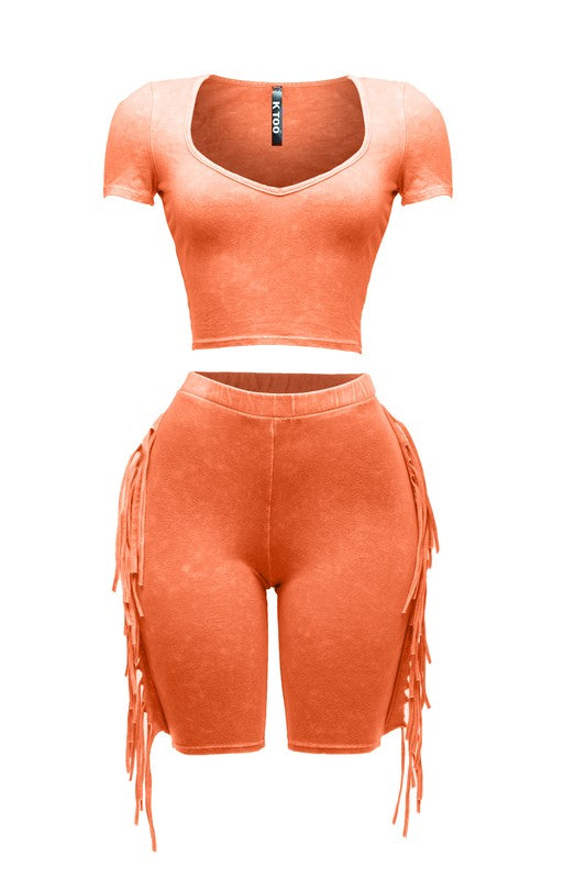 Orange Fringe Biker short Set