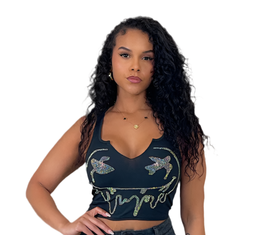 Drippy Smile Rhinestone Tank Top - Black