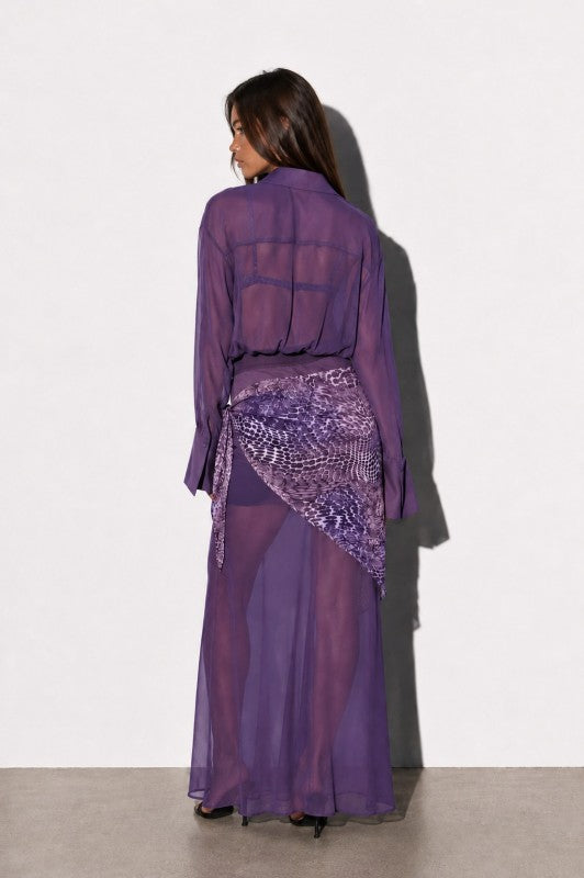 Purple Sheer Chiffon Maxi Dress Set with Bra Top & Scarf