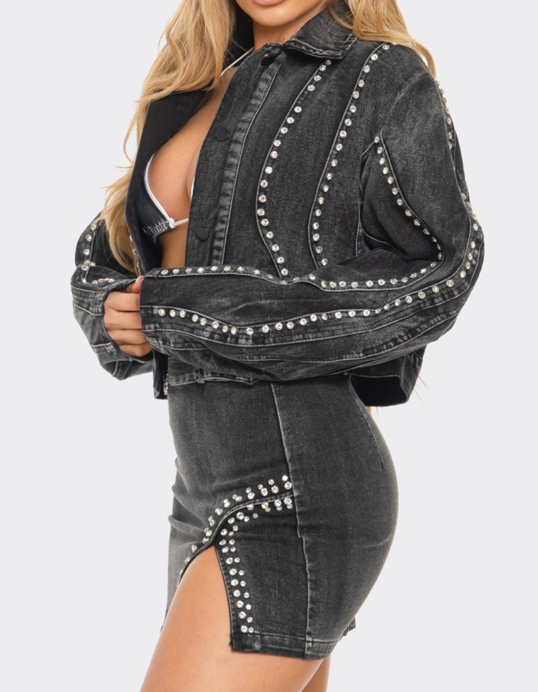 Biker Bae embellished 2 piece denim skirt set  - Pretty Prissy Pieces 2 piece denim skirt set