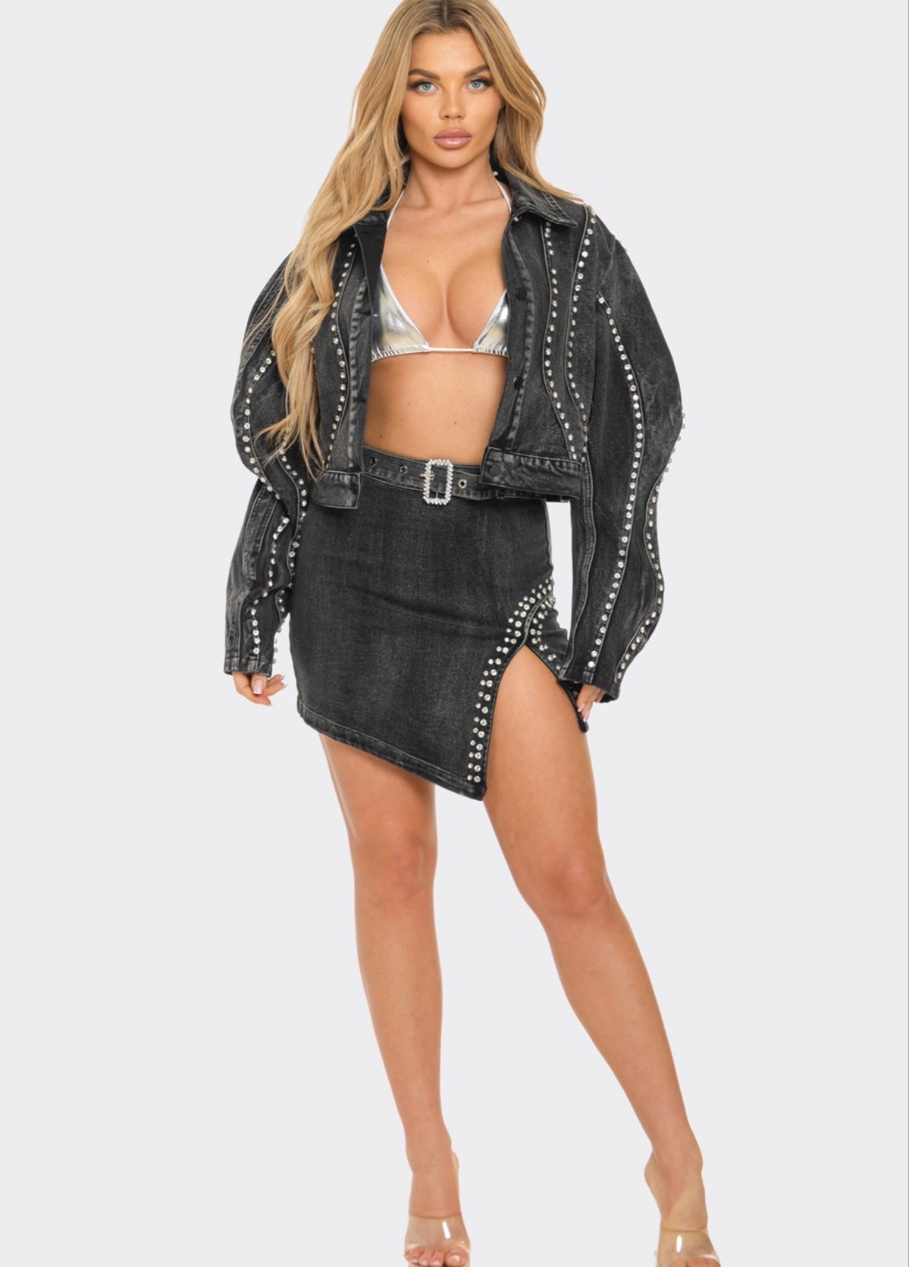 Biker Bae embellished 2 piece denim skirt set  - Pretty Prissy Pieces 2 piece denim skirt set