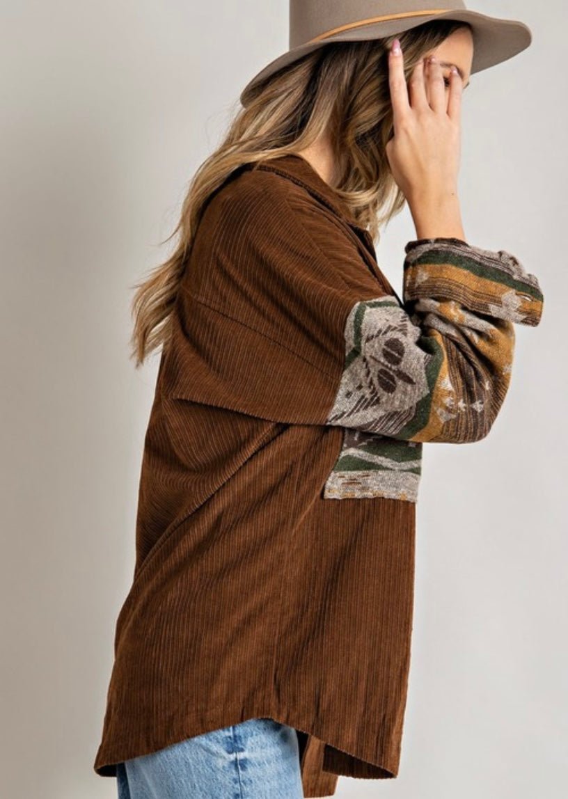 Brown Corduroy printed shirt jacket - Pretty Prissy Pieces