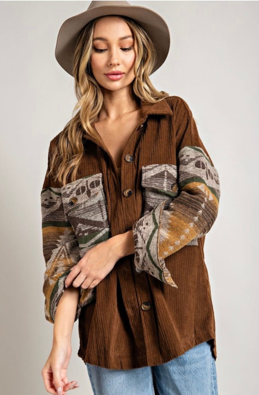 Brown Corduroy printed shirt jacket - Pretty Prissy Pieces