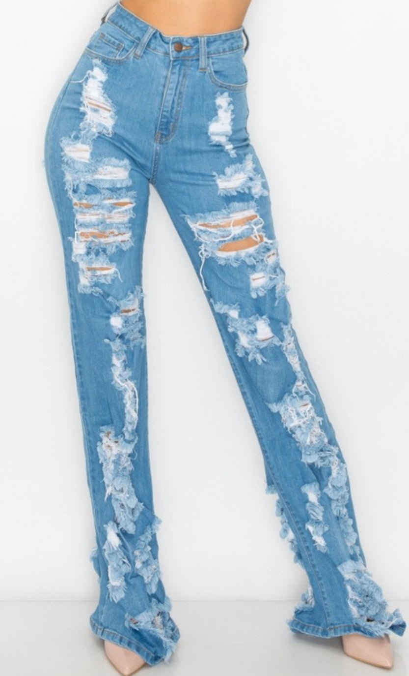 Extreme Distressed long high waist jeans - Pretty Prissy Pieces jeans