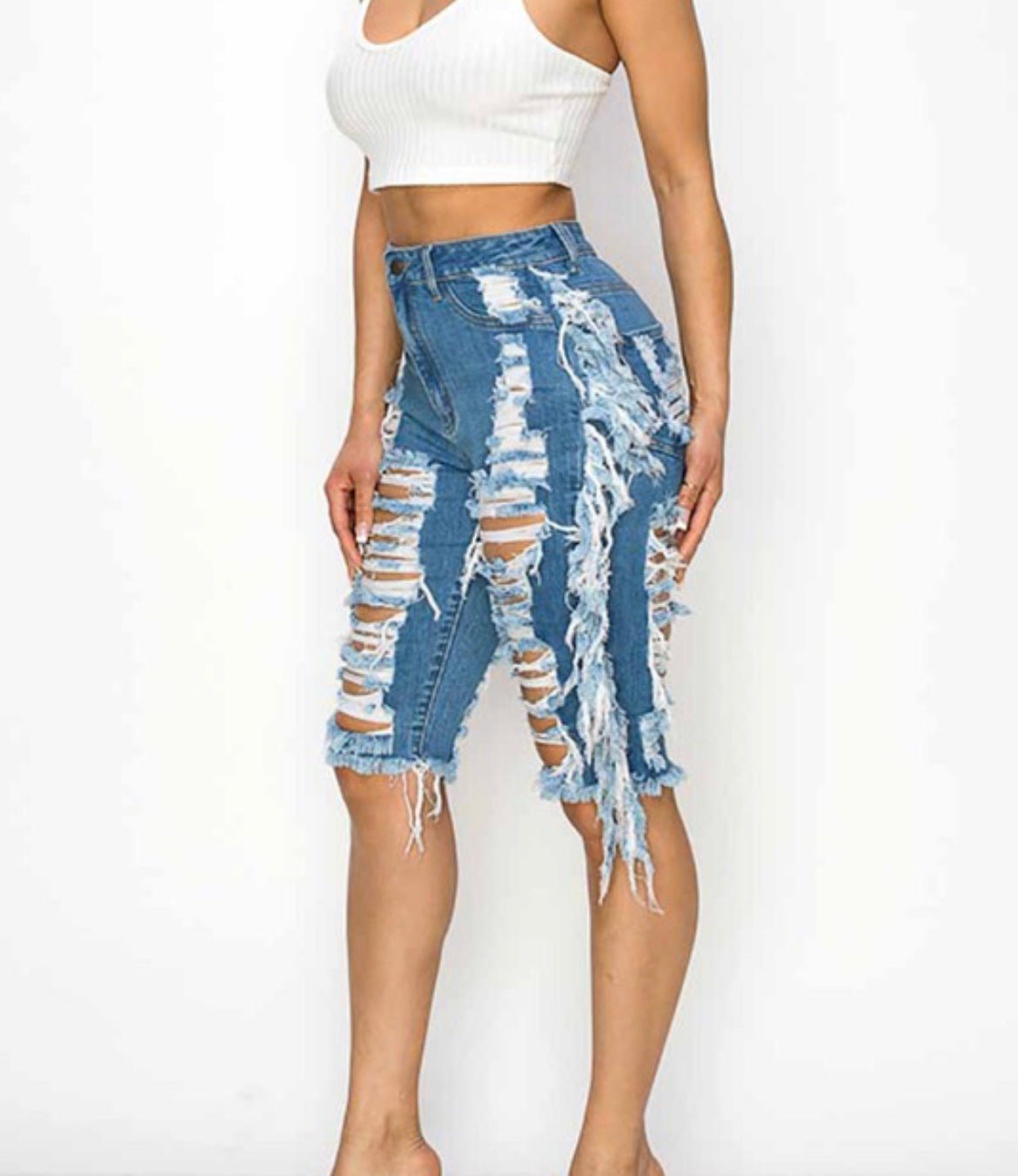 High Waist Shredded Denim - Pretty Prissy Pieces Pants