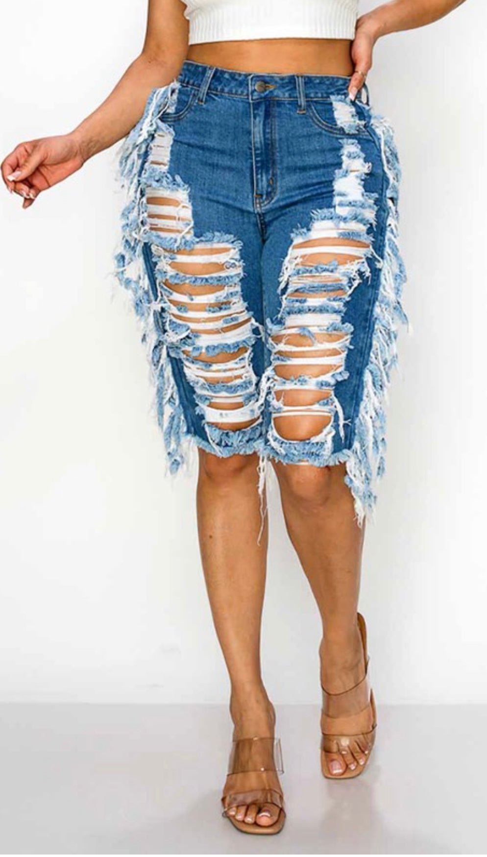 High Waist Shredded Denim - Pretty Prissy Pieces Pants
