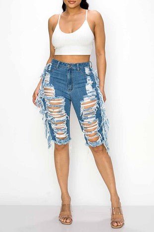 High Waist Shredded Denim - Pretty Prissy Pieces Pants
