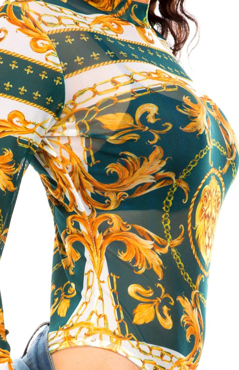 Lavish lion mesh bodysuit - Pretty Prissy Pieces bodysuit. mesh, long sleeve, stretch
