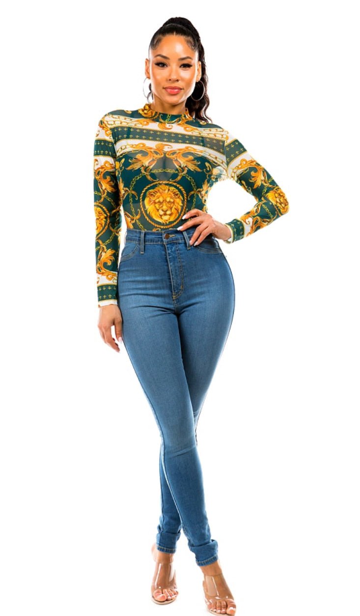 Lavish lion mesh bodysuit - Pretty Prissy Pieces bodysuit. mesh, long sleeve, stretch