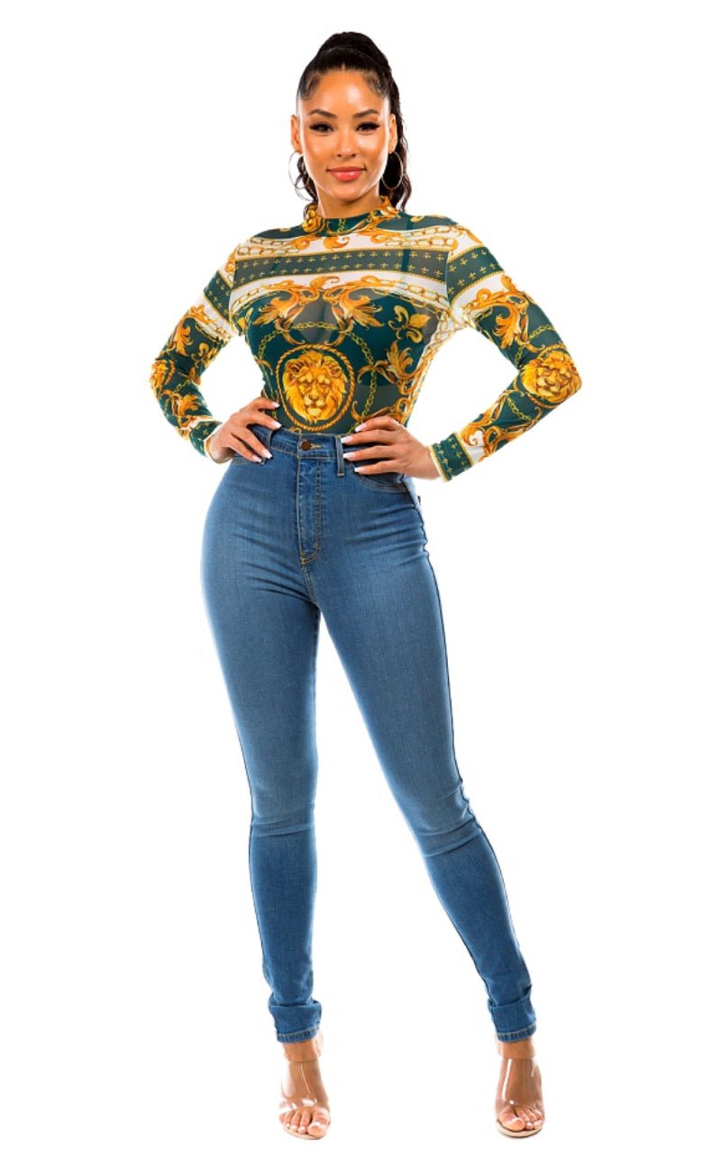 Lavish lion mesh bodysuit - Pretty Prissy Pieces bodysuit. mesh, long sleeve, stretch