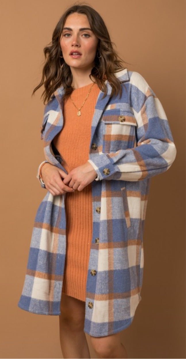 Long Plaid Front Pocket Coat/Cardigan - Pretty Prissy Pieces Coat, Cardigan