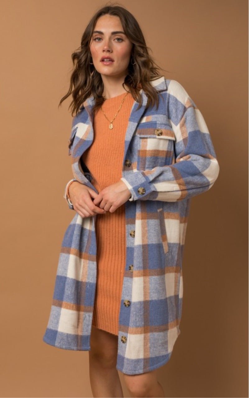 Long Plaid Front Pocket Coat/Cardigan - Pretty Prissy Pieces Coat, Cardigan