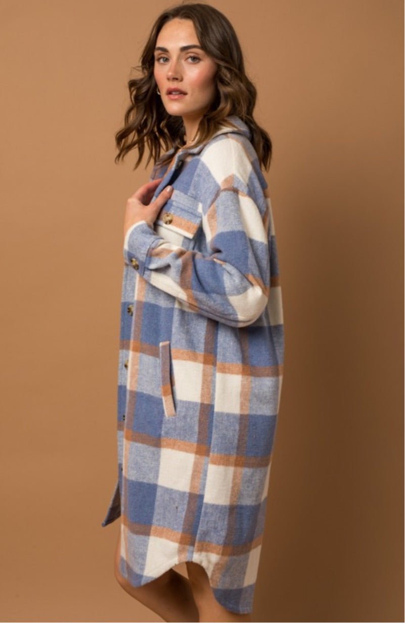 Long Plaid Front Pocket Coat/Cardigan - Pretty Prissy Pieces Coat, Cardigan