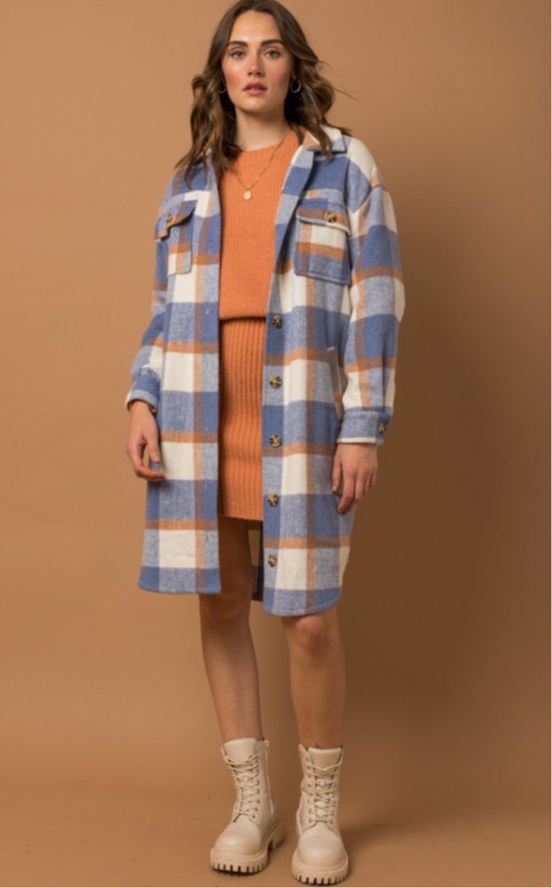 Long Plaid Front Pocket Coat/Cardigan - Pretty Prissy Pieces Coat, Cardigan
