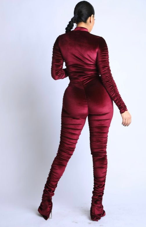 Merlot Velvet Ruched High Waist pants set - Pretty Prissy Pieces