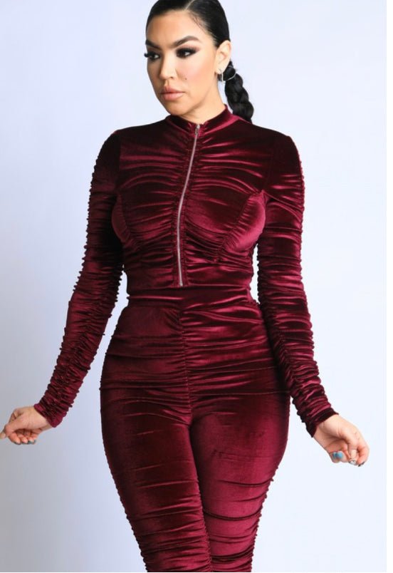 Merlot Velvet Ruched High Waist pants set - Pretty Prissy Pieces