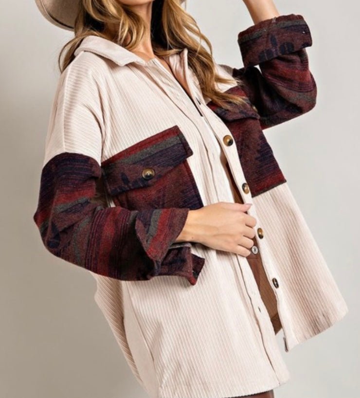 Oatmeal Corduroy printed shirt jacket - Pretty Prissy Pieces