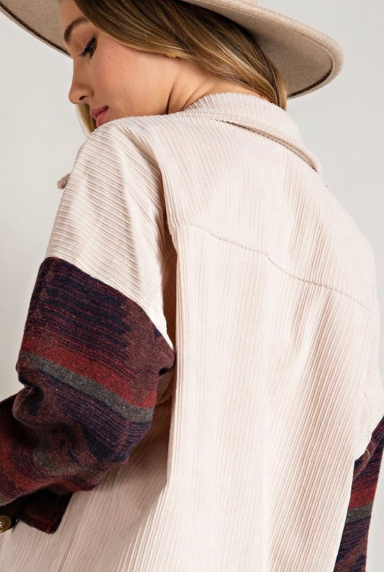 Oatmeal Corduroy printed shirt jacket - Pretty Prissy Pieces