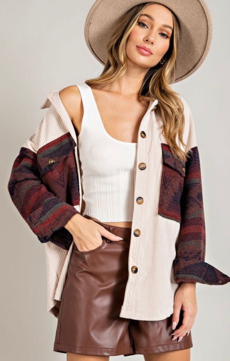 Oatmeal Corduroy printed shirt jacket - Pretty Prissy Pieces
