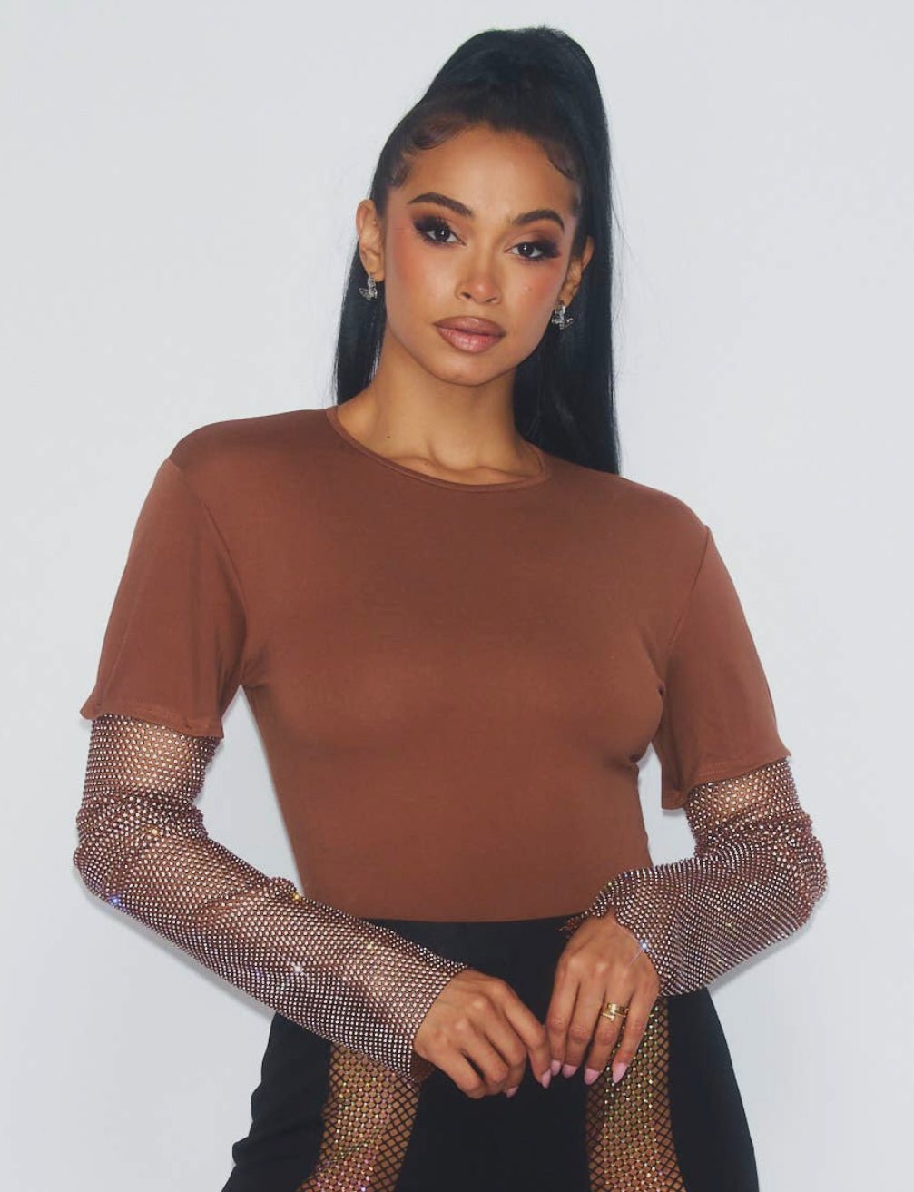 The Brown Stone Bodysuit - Pretty Prissy Pieces Bodysuit ,stretch long sleeve