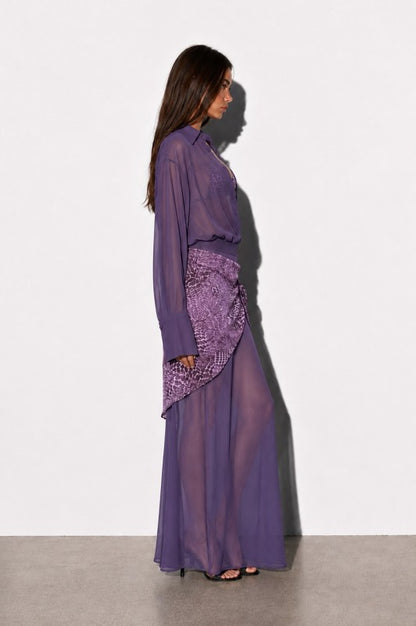 Purple Sheer Chiffon Maxi Dress Set with Bra Top & Scarf