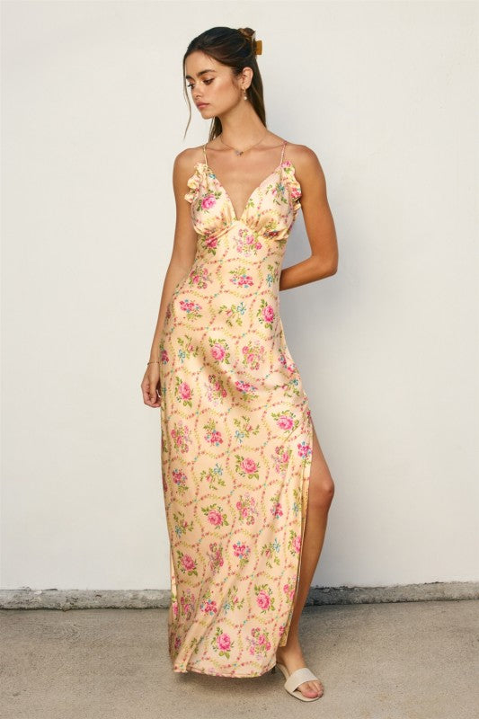 Flowers and Romance Ruffled Triangle Bust Maxi Dress | Pretty Prissy Pieces