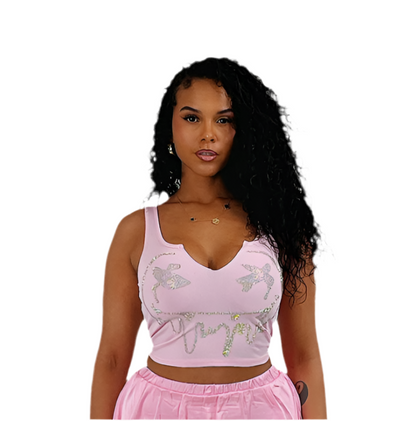 Drippy Smile Rhinestone Tank Top - Powder Pink