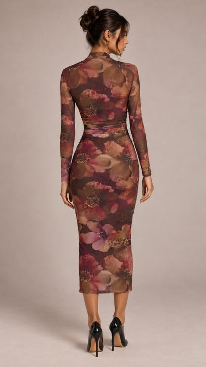 Printed Mesh Midi Dress