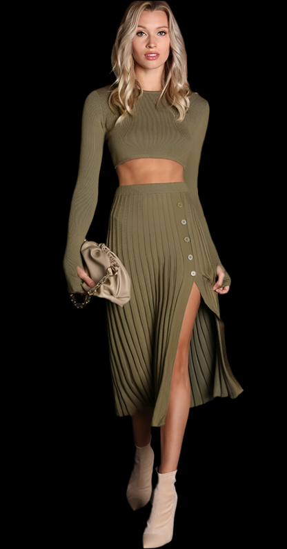 Pleated High Waist Sweater Skirt Set – 2 Piece Cotton Outfit