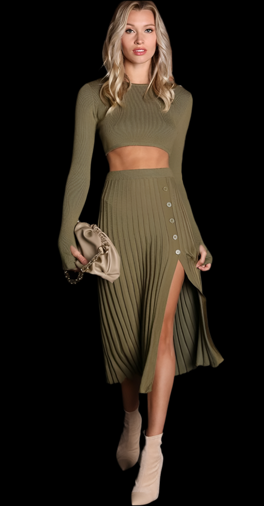 Pleated High Waist Sweater Skirt Set