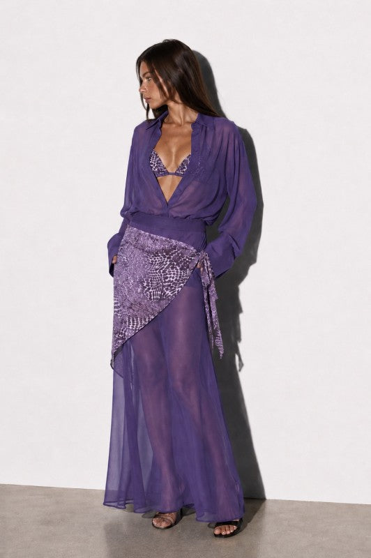 Purple Sheer Chiffon Maxi Dress Set with Bra Top & Scarf