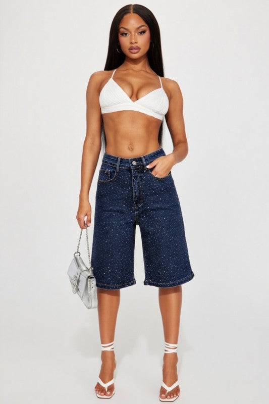 Rhinestone Denim Jorts | Embellished Denim Shorts | Pretty Prissy Pieces