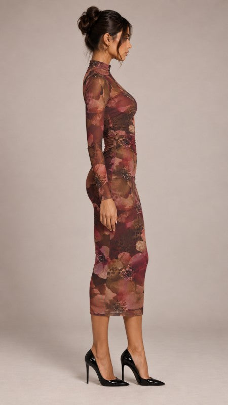 Printed Mesh Midi Dress