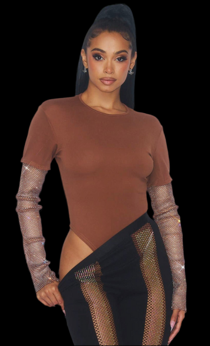 Rhinestone Bodysuit  - Brown Stone Glamorous Bodysuit