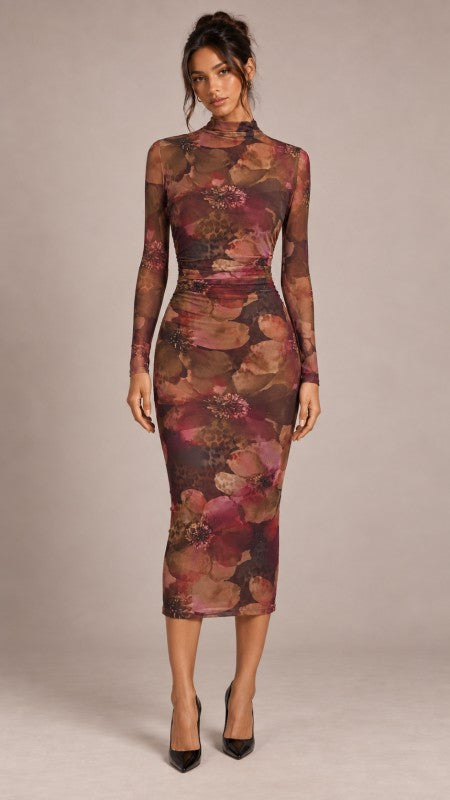 Printed Mesh Midi Dress
