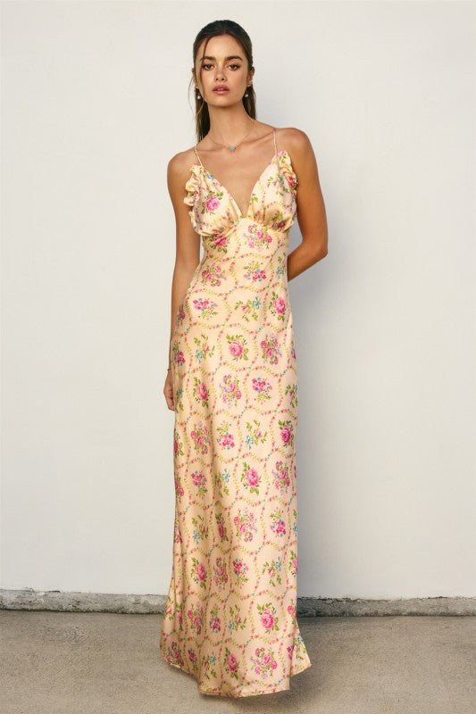 Flowers and Romance Ruffled Triangle Bust Maxi Dress | Pretty Prissy Pieces