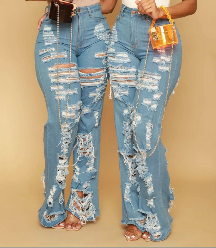 Extreme Distressed High Waist Jeans -Long Stretchy Denim | Pretty Prissy Pieces