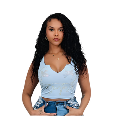 Drippy Smile Rhinestone Tank Top - Baby Blue