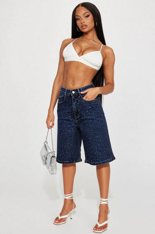 Rhinestone Denim Jorts | Embellished Denim Shorts | Pretty Prissy Pieces