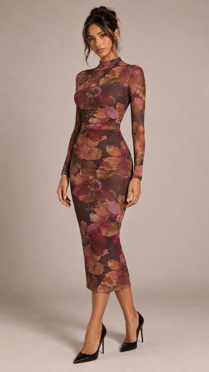 Printed Mesh Midi Dress