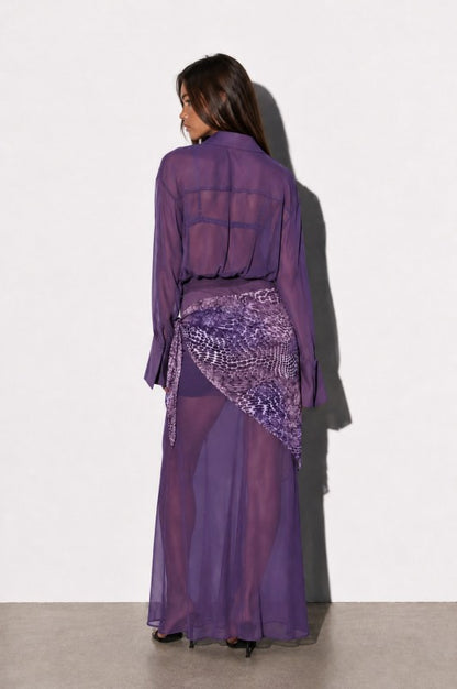 Purple Sheer Chiffon Maxi Dress Set with Bra Top & Scarf