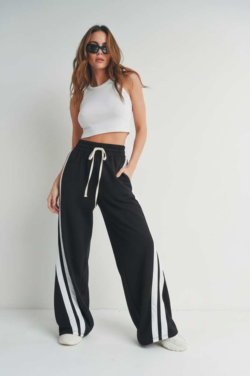 Black Wide Leg Pants with White Stripe - Second Shot