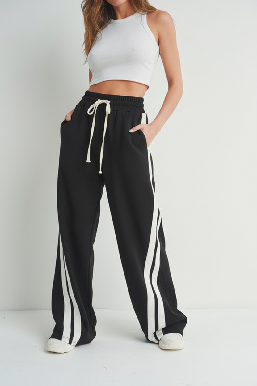 Black Wide Leg Pants with White Stripe