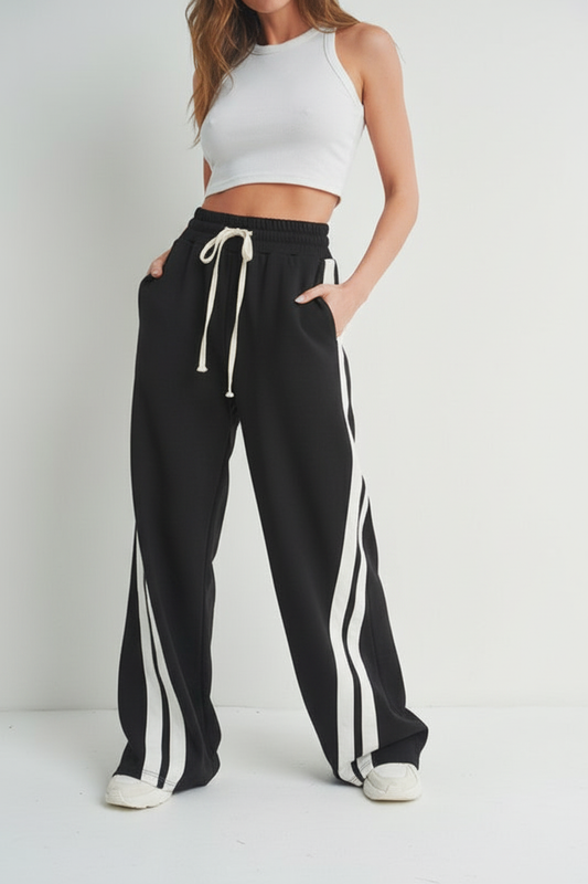 Black Wide Leg Pants with White Stripe