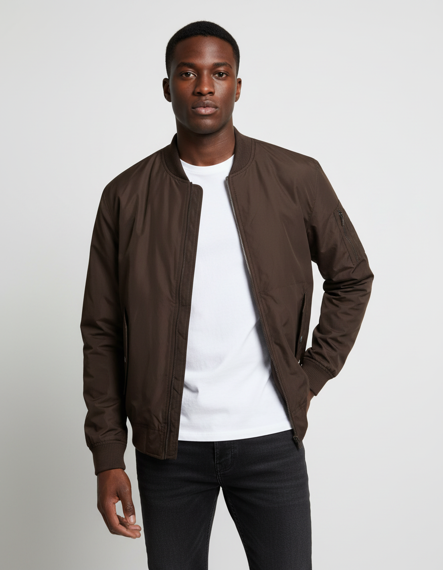 Brown bomber jacket on light-skinned Black male model