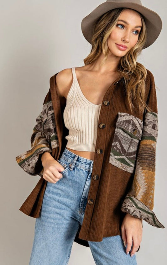 Brown Corduroy printed shirt jacket - Pretty Prissy Pieces